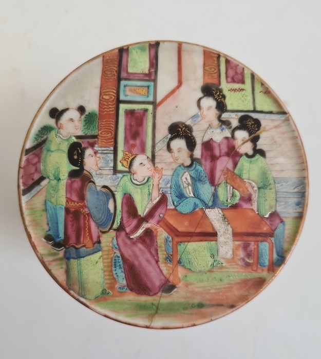 Chinese Canton porcelain tea caddy and cover, cylindrical and painted with figures in a garden, in - Image 2 of 9