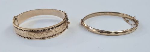 9ct gold bangle, scroll engraved with pierced running scroll border, 20g approx and a gold-plated