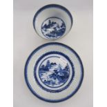 19th century Chinese export porcelain bowl and stand, each with blue brocade border above rice