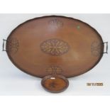 Inlaid mahogany tray with brass scroll handles, serpentine raised edge, five paterae inlaid with