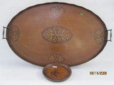 Inlaid mahogany tray with brass scroll handles, serpentine raised edge, five paterae inlaid with