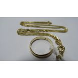 9ct gold wedding ring and 9ct gold chain necklace with flattened links, gross weight approx 5.5g