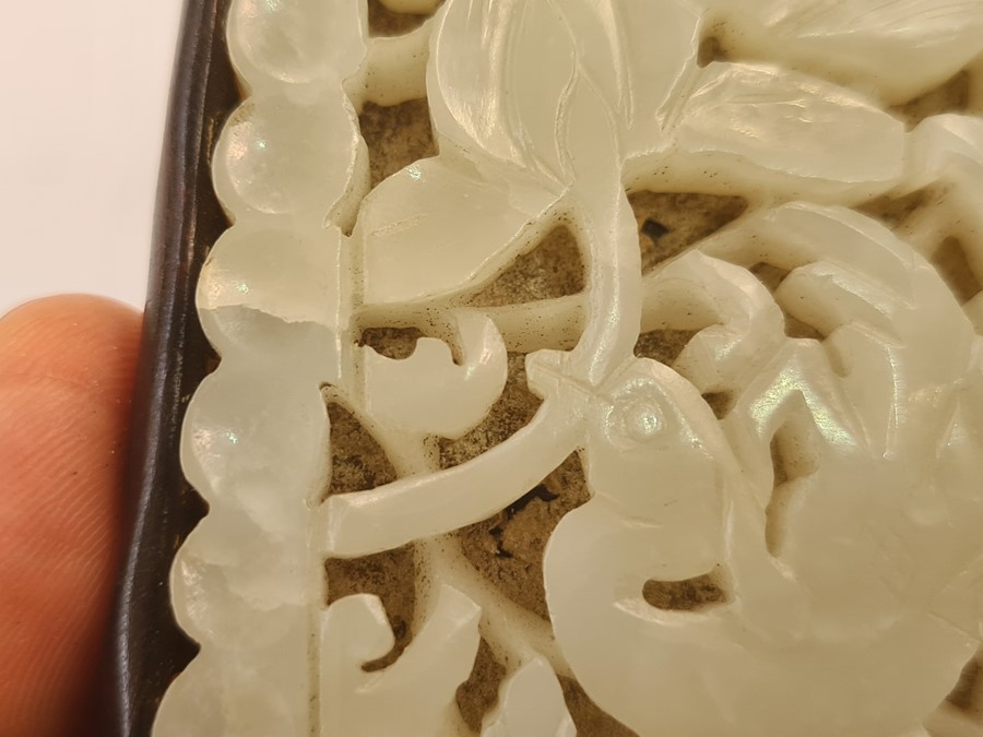 Chinese pale celadon carved jade openwork plaque, Ming dynasty, rectangular and carved with a wild - Image 5 of 5