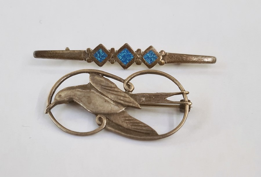 Silver Shetland bird and scroll brooch and a continental silver and turquoise enamel bar brooch (2)