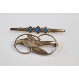 Silver Shetland bird and scroll brooch and a continental silver and turquoise enamel bar brooch (2)