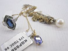 Pearl pendant, various fine chains, 9ct gold dress ring and purple stone set pendant  Condition