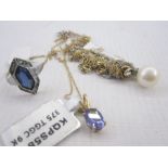 Pearl pendant, various fine chains, 9ct gold dress ring and purple stone set pendant  Condition