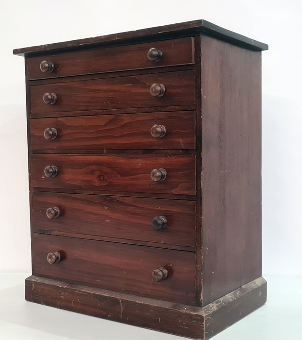 19th century stained pine collector's chest of six drawers, to plinth base, 38cm x 46cm