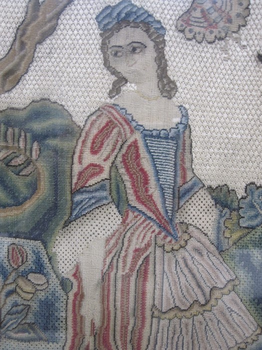 Pair of circa 1720 embroidered panels, one depicting a shepherd with crook, a lady standing and - Image 4 of 9