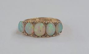 18ct gold and five-stone opal ring, oval graduating stones, the central stone 7mm x 5mm approx,