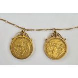 Two Edwardian sovereigns dated 1910, each in 9ct gold pendant mount, on fine gold chain (2)