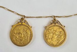 Two Edwardian sovereigns dated 1910, each in 9ct gold pendant mount, on fine gold chain (2)