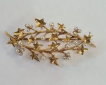 Gold-coloured metal and seedpearl ivy-pattern spray brooch