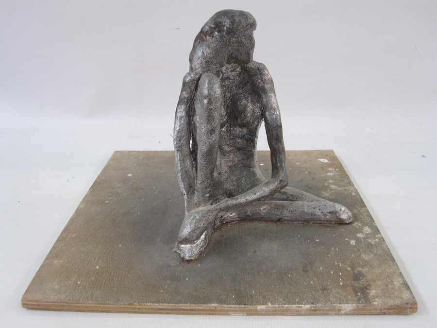 Bill Young (1929-2012) silver painted plaster maquette of a seated nude, on wooden plinth base, 20cm