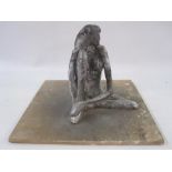 Bill Young (1929-2012) silver painted plaster maquette of a seated nude, on wooden plinth base, 20cm