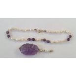 9ct gold, freshwater pearl and amethyst bracelet, similar carved, pearl and amethyst-coloured