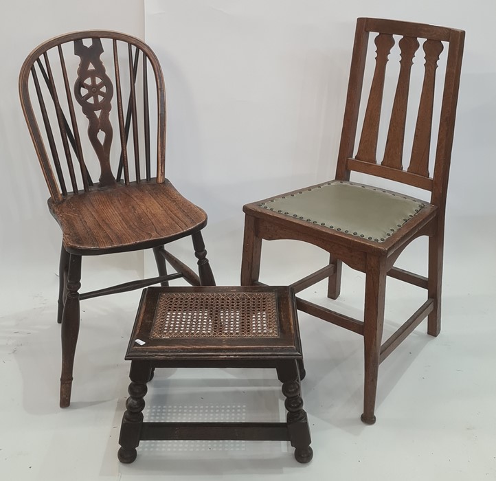 Pair of elm seated Windsor chairs with cartwheel carved backsplats, a cane seated stool and one
