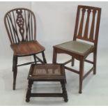 Pair of elm seated Windsor chairs with cartwheel carved backsplats, a cane seated stool and one