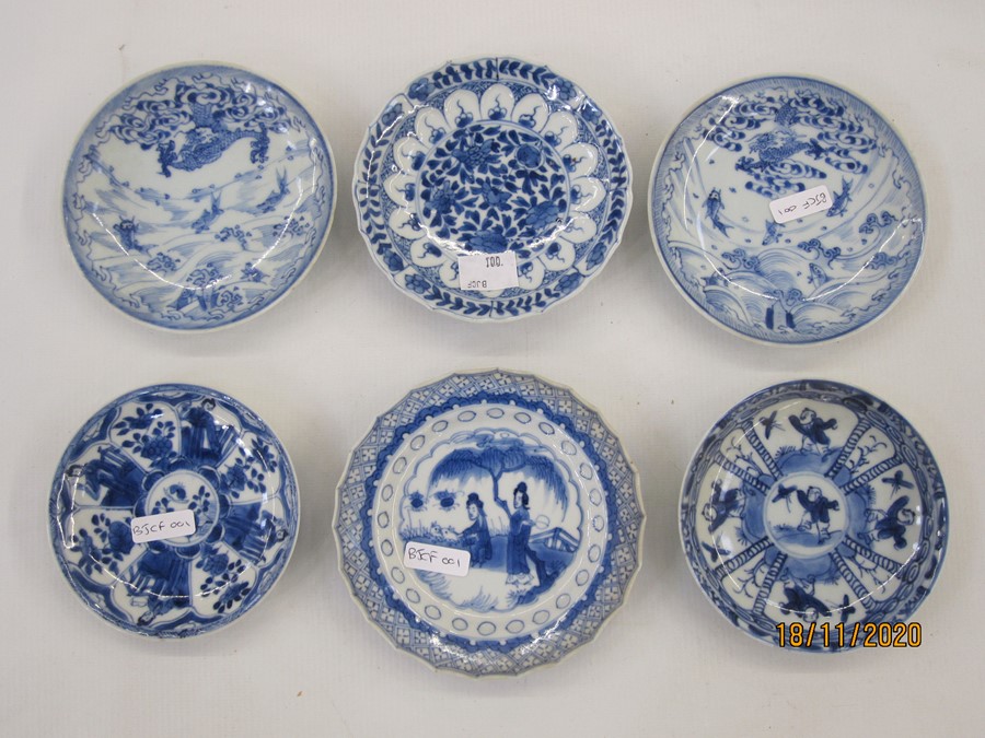 Six various Chinese porcelain saucers with underglaze blue figural, animal and floral decoration (6)