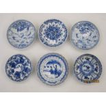 Six various Chinese porcelain saucers with underglaze blue figural, animal and floral decoration (6)