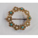 Gold-coloured metal, seedpearl and turquoise circlet, each stone set in flowerheads