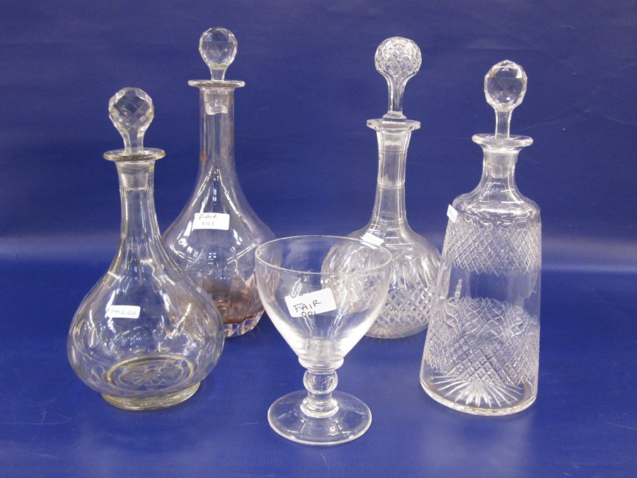 Cut glass decanter, mallet-shaped, two ball and shaft shaped cut decanters, another shouldered