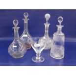 Cut glass decanter, mallet-shaped, two ball and shaft shaped cut decanters, another shouldered