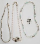 Silver leaf brooch, silver and semi-precious stone necklaces, rose quartz, etc (1 box)
