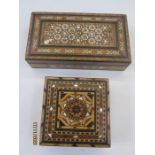 Modern Sedeli work box of rectangular form, 22cm long and a similar parquetry box of square form (