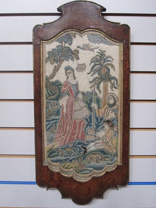 Pair of circa 1720 embroidered panels, one depicting a shepherd with crook, a lady standing and - Image 2 of 9