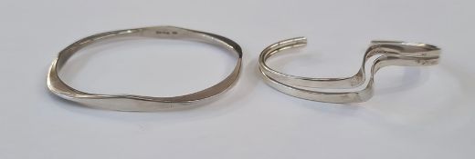 Silver open bangle, double-wave design and another flattened square design (2)
