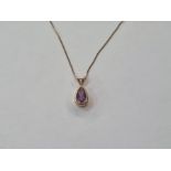 10K gold and amethyst-coloured stone pendant, teardrop-shaped, on fine chain