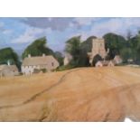 Allan Laycock Watercolour drawing Cornfield with village church  24 x 30 cms