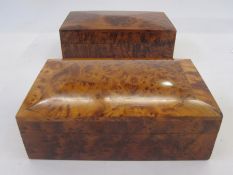 Thuyawood trinket box with banded and chamfered lid, 20cm wide and another similar, 21.5cm wide (2)