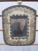 Pair of antique embroidered framed mirrors, with metal thread, sequinned and floral borders, 21.