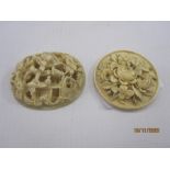 Two Chinese carved ivory miniature plaques, an oval example with figures beside wooded pavilions,