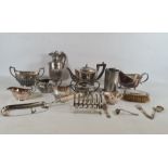 Quantity of plated ware to include teapot, flatware, pewter ware, silver-backed brush (dented) and