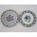 Delft plate, floral decorated with green rim, 22cms diam and a modern Delft plate with bird to