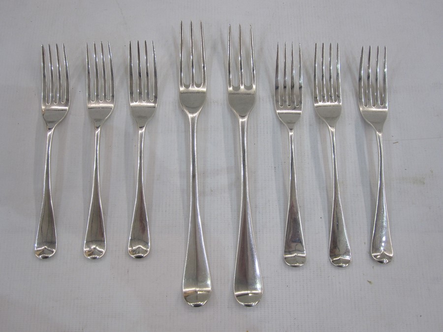 Set of six George III silver table forks, rattail handles, London, date marks for 1807(4), 1814(1)