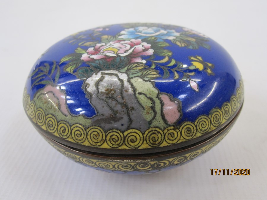 Cloisonne enamel circular bowl and cover, blue ground and decorated with flowers and butterflies, - Image 2 of 2
