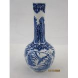 Chinese porcelain bottle vase with panels of birds and bullrushes in underglaze blue, four-character