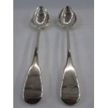 Pair of George III silver fiddle pattern serving spoons by William Eley and William Fearn, London