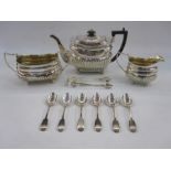 George III silver three-piece tea service comprising teapot with ebony handle, 16cm high, milk