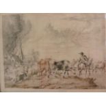 Unattributed (19th century school) Watercolour  Burning village with villagers fleeing across a