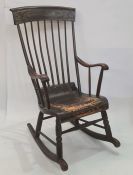 Antique stained and painted Boston rocker, the scroll top rail with painted scroll and foliate