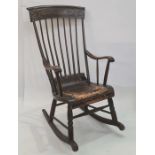 Antique stained and painted Boston rocker, the scroll top rail with painted scroll and foliate