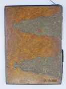 Victorian burrwood blotter cover with ornate engraved brass mounts