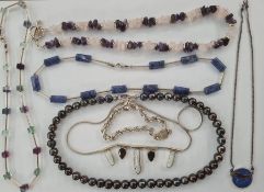 Silver and semi-precious stone necklaces, cultured pearl necklace, etc (1 box)