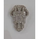 Art Deco platinum and diamond brooch clip, mounted with multiple sized diamonds, the largest 2.5mm