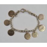9ct gold shaped bar bracelet with gold disc charms, 23g approx